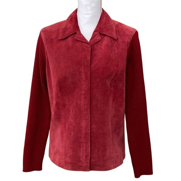 Red Suede Leather Wool Jacket Womens M Knit Sleeve Boho Western Academia Shacket - Picture 11 of 11